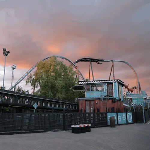 Stealth Rollercoaster Plaza With The Swarm Rollercoaster In The Background